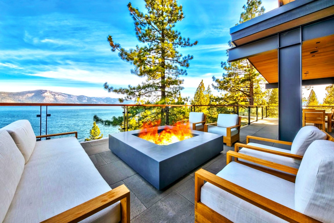 outdoor seating around fire pit overlooking Lake Tahoe
