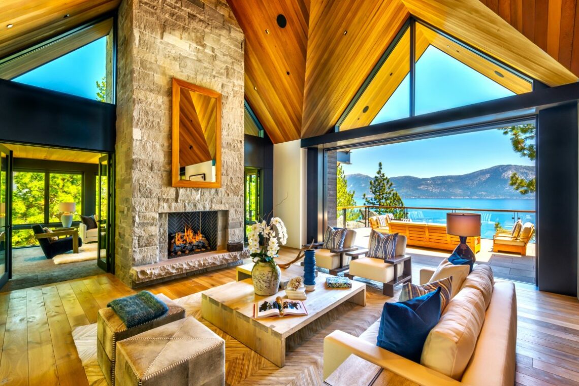 lake tahoe home, living room with lake view